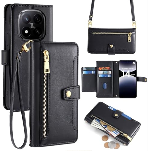 betterfon Handykette kompatibel mit Xiaomi Redmi Note 14 Pro+ | Leder Handyhülle mit Kartenfächern | Handyhülle zum Umhängen | Schwarz