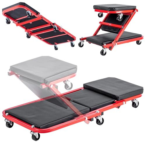 KADAX 2-in-1 Montagerollbrett und Werkstatthocker, Montageliege mit Rollen, Montage Rollbrett, Klappbare Werkstattliege für KFZ, Werkstatt und Garage