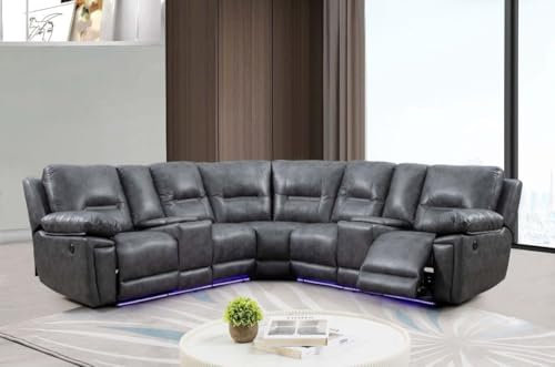 Furnishings For Less UK Zara L Shaped Electric Corner Sofa with LED Lights, USB Ports, and Cup Holders Grey Leather-Look Fabric 5 Seater Sofa