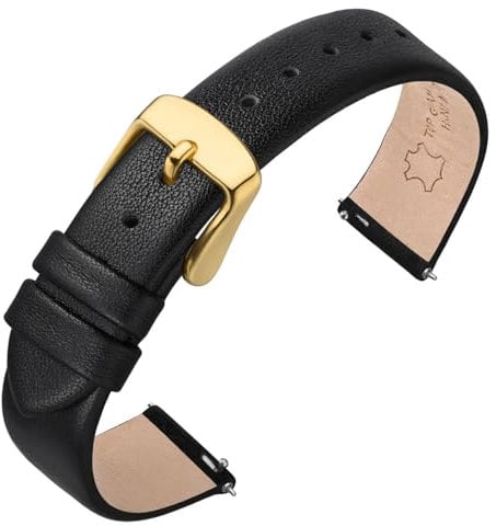 ANNEFIT Leder Uhrenarmbänder für Herren Damen, Schnellverschluss Ersatzarmband 18mm mit Gold Schnalle (Schwarz)