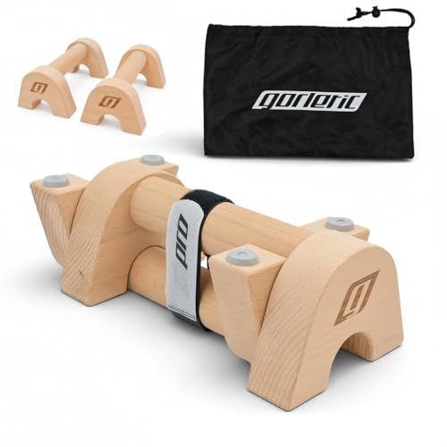 GORLETIC Mini Parallettes aus Buche 26cm Calisthenics Handstand bis 140kg | Ergonomischer Griff aus Buche schützt Handgelenke rutschfeste Basis inklusive Tasche und Gurt von Athleten getestet