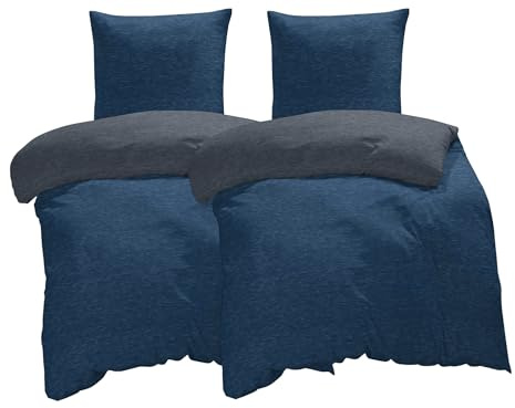 one-home Winter Bettwäsche Biber Meliert Baumwolle Flanell Kuschelig Flauschig Warme Weiche Melange Modern, Größe:4 teilig 135x200 cm, Farbe:dunkel blau/anthrazit