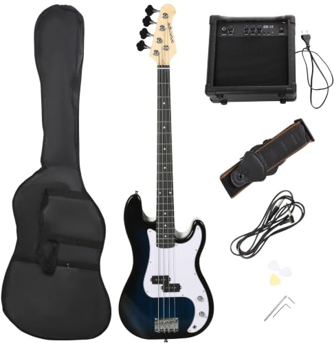 SPORTNOW 4 String Electric Bass Guitar Full Size for Beginner with Amp Blue | Right Hand, Cable, Guitar Bag, Shoulder Strap, Picks, Wrench