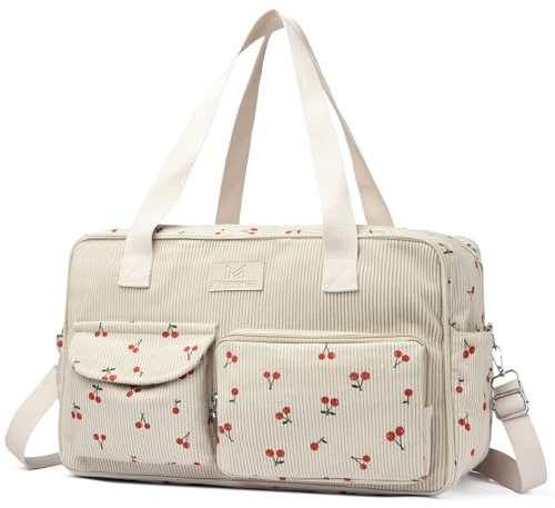 Micmores Cord Reisetasche, Sporttasche Damen 20L Weekender Wickeltasche, Ryanair Handgepäck 40x20x25, Gym Bag Geburt Krankenhaustasche Mit PVC Nasse Tasche für Fitness (Beige-Kirschmuster)