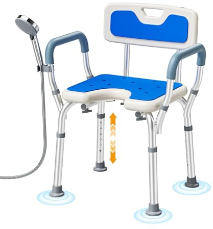 Jradse Siège de Douche avec Accoudoirs et Dossier, Siège de Bain Adjustable Tabouret de Douche Antidérapant Forme U pour Personnes Âgées Handicapées Femmes Enceintes