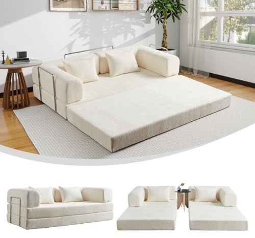 AIMSTYTO 5-in-1 Convertible Folding Sofa Bed, 79 Queen Chenille Boneless Couch with Removable Armrests, No Assembly 2-3 Seater Sofa, Double Futon Couch for Living Room & Bedroom (Beige)