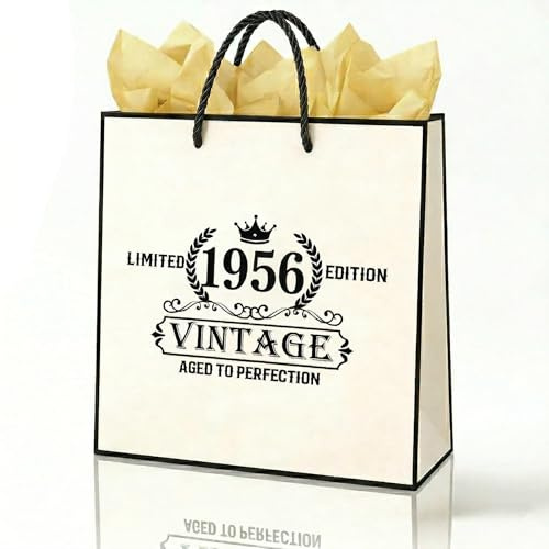 MURISE Geschenktüte zum Geburtstag – Vintage Papier Geschenktasche mit Kordelgriffen, inkl. 2× goldenes Seidenpapier, 22×26×10 cm (70. Geburtstag)