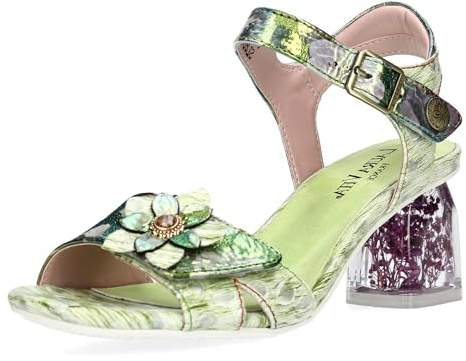 Laura Vita Damen Sandalette Metallic Schimmer Blumenapplikation Framboiseo 16, Größe:38 EU, Farbe:Grün