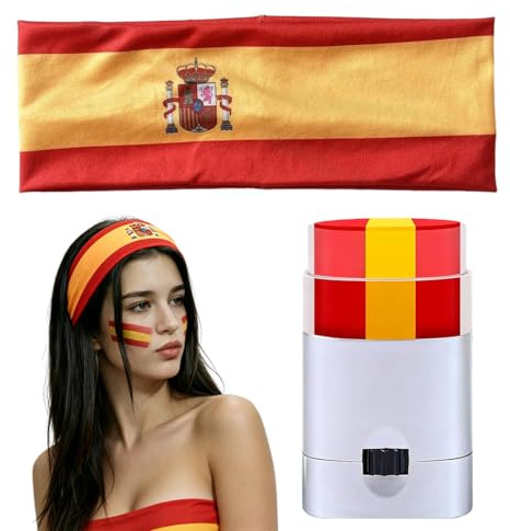 DOVBAN Pack de 2 Diadema Elástica Y Pintura Facial Bandera Española Rojo Y Amarillo Accesorio Hincha Para Mundial Carnaval Fiesta Disfraz