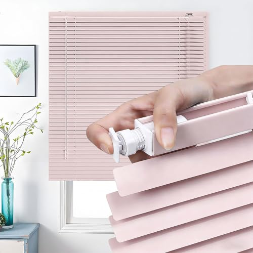 Aluminum Mini Blinds for Indoor Windows, No Drill Horizontal Windows Blind, Custom Size Blackout Shades 2.5cm Metal Slat Darkening Venetian Blind for Home Kitchen Living Room(Pink)