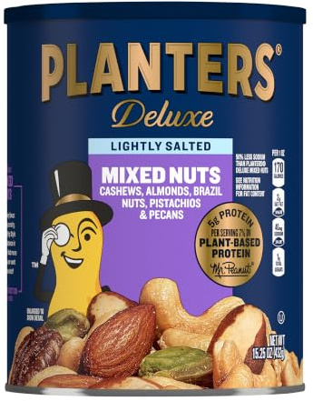 PLANTERS Deluxe Mixed Nuts, Cashews, Almonds, Brazil Nuts Mix, Pistachios, Pecans, Lightly Salted, Snacks for Adults and Kids, Party Snack, 15.25oz