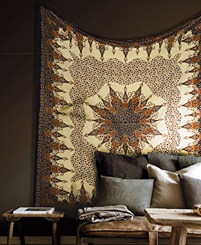 Popular Handicrafts Tapisserie, Wandbehang, Hippie, Mandala, Bohemian, Hippie, aufwendig, geometrisches Blumenmuster, indischer Wandteppich, Tagesdecke, 215 x 230 cm, Braun/Schwarz