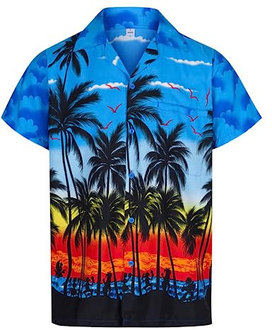 Mens Hawaiian Shirt Short Sleeve STAG Beach Holiday Palm Tree Fancy Dress Hawaii (XL, Blue)