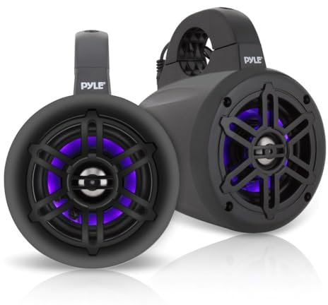Pyle Waterproof Marine Wakeboard Tower Speakers - 4 Inch Dual Subwoofer Speaker Set w/ 300 Max Power Output - Boat Audio System w/Built-in LED Lights - Mounting Clamps Included PLMRLEWB46B (Black)