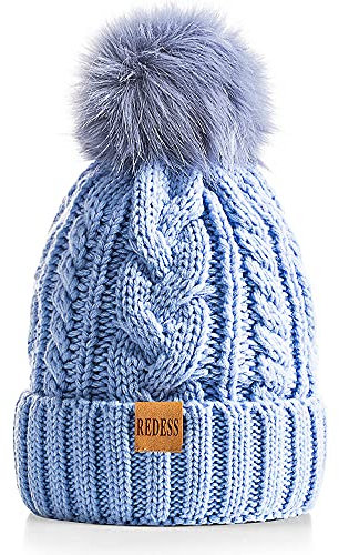 REDESS Berretto Invernale da Donna con Pompon con Fodera in Caldo Pile, Berretto da Sci con Teschio Lavorato a Maglia di Neve Spesso e Morbido