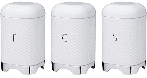 LOVELLO KitchenCraft Textured Tea/Coffee/Sugar Canisters with Geometric Hexagon Pattern, Steel, Ice White, 3 Pieces