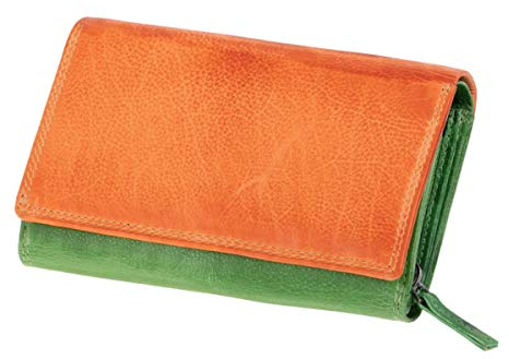 MIKA 42186 - Damengeldbörse aus Echt Leder, Portemonnaie im Querformat, Geldbeutel mit 12 Kartenfächer, Scheinfach und Münzfach mit Reißverschluss, Brieftasche in grün - orange, ca. 15,5 x 10 x 4 cm