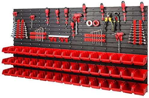 Lagersystem Wandregal - 1544 x 780 mm – 48 Rot Stapelboxen mit Wandplatten + Werkzeughalter – Werkstattwand Set XXL 84 Elemente
