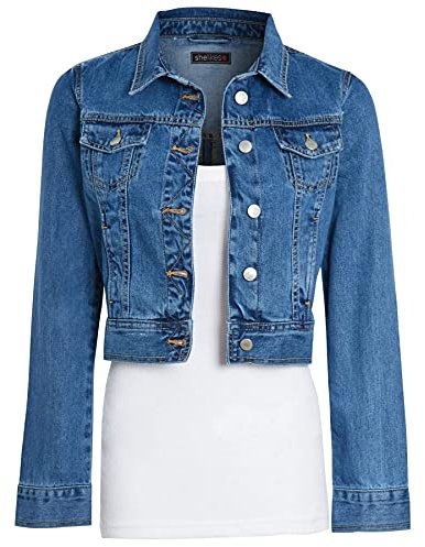shelikes Womens Denim Jacket Crop Style Long Sleeve Button Up Slim Fit Vintage Jean Jacket For Ladies Girls
