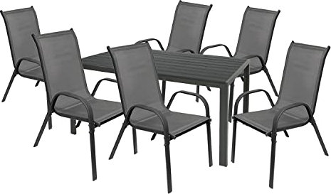 Mojawo Hochwertige Gartengarnitur 7-teilig Gartentisch 150x90cm Anthrazit Tischplatte aus WPC Grau + 6 Stapelstühle Textilen Anthrazit