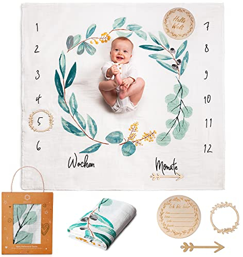 ODOXIA Baby Meilenstein Decke auf Deutsch | Baumwolle Musselin Tuch Baby | Pucktuch | Monatsdecke Baby Junge & Mädchen, Unisex | Blätter | Geschenk Für Mütter | Blanket | Musselin Decke