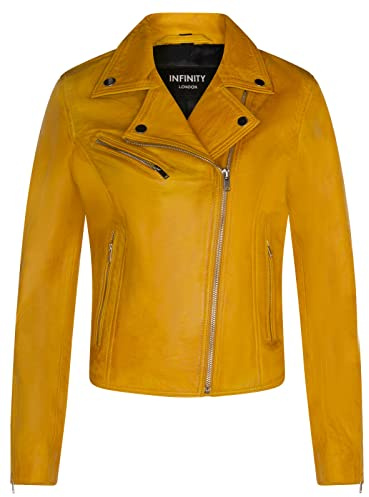 Ladies Leather Jacket Classic Biker Style Yellow Real Leather Womens Jacket XL