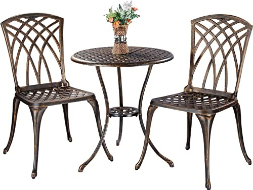 ZOTORUN Bistro Set 3 Piece Cast Aluminum Patio Furniture Sets 2 Chairs and 1 Round Table with Umbrella Hole for Outdoor, Patio Balcony, Bronze