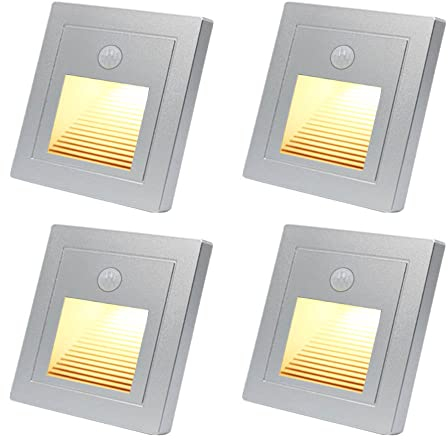4x 1,5W LED Treppenlicht mit bewegungsmelder Warmweiß 3000K LED Wandeinbauleuchte Wandeinbaustrahler Silber Stufenlicht Lampe Treppenbeleuchtung für 60mm Runde, 86mm Eckig Unterputzdose 230V für Innen