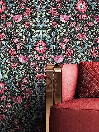 NEWROOM Tapete Schwarz Vliestapete Blumen - Vintage Floral Rot Blau Blätter Vögel Blumentapete Romantisch Blumenmuster Floral inkl. Tapezier-Ratgeber