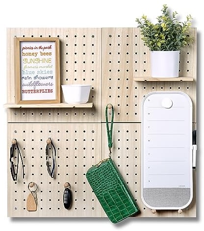 IneVibe Wooden Pegboard for Wall Display - 4 Piece Peg Board Organizer & Holder for Craft Accessories, Nerf Guns, Jewelry and More in Kitchen, Garage, Office - 16 Wooden Pegs & Bag, 26 x 26 (Natural)