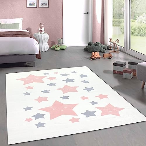 CARPETIA Teppich flauschig Kinderzimmer Sterne pflegeleicht in weiß, rosa grau 120x170 cm