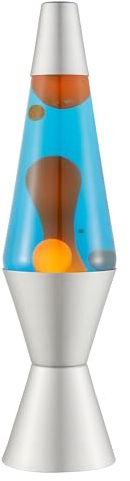 LAVA® - Lampe 2117, orangenes Wachs, blaue Flüssigkeit, silberner Sockel und Deckel, Original 14,5 Zoll Bewegungslampe der Marke, Orange/Blau
