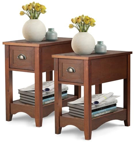Giantex Table d'appoint latérale rétro tiroir et étagère ouverte, table de chevet rectangulaire pieds en bois massif, étroite les petits espaces, salon, chambre (brun rougeâtre, 2) KZ94216