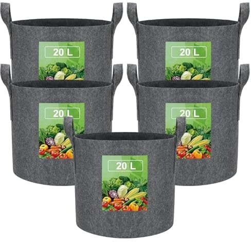 VIEWALL 20 L Pflanzsack aus Stoff,Kartoffelsack mit Griff, Wiederverwendbare Pflanzkübel Pflanztasche für Anbau von Kartoffeln,Tomaten,Gemüse,Blumen,Verdickter und Belüfteter Stofftöpfe,5 Stück,Grau