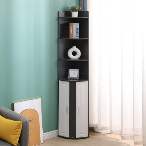 Rainbow Tree 180cm Tall Corner Cabinet with 3-Tier Shelves & 2 Doors, Bathroom Floor Cabinet, Display Cabinet Bookcase for Living Room Slim Corner Shelf Unit White+Grey