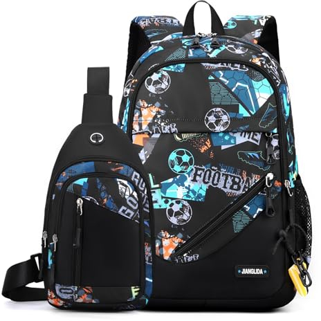 Amythe Schulrucksack Jungen Teenager 2 Teilig mit Sling Bag Herren Casual Daypack,Schultaschen-Set für 9-18 Jahren, Große Kapazität Wasserdicht Camouflage Rucksack Schule Mädchen, Grün