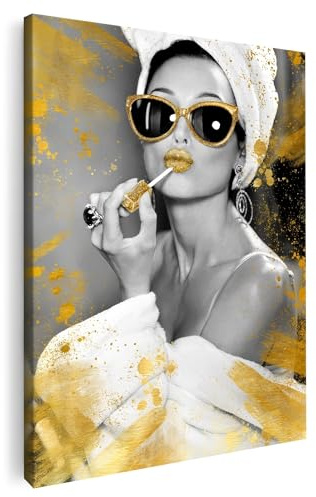 Artmazing | Model Sonnenbrille Gold Bild bunt | S-Art Bilder | Model Bilder Modern | Leinwandbilder XXL Wohnzimmer | Wandbild Model Deko XXL | Bild Leinwand XXL | buntes Poster für Wand
