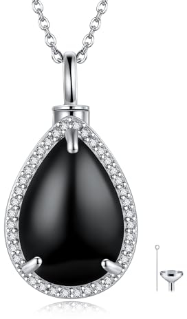 JERWLI Urn Halskette für Asche Sterling Silber Schwarz Onyx Teardrop Halskette Einäscherung Schmuck Andenken für Frauen