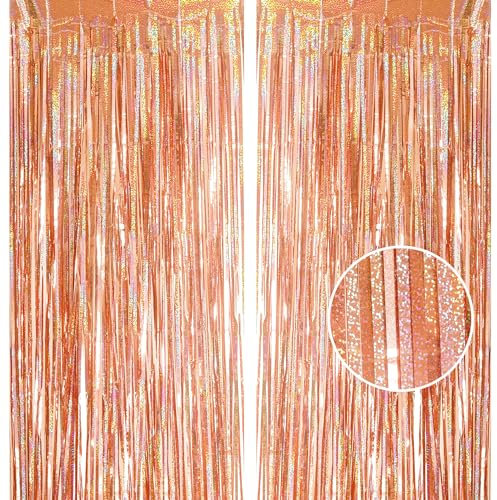 2pcs 3.2 x 8.3ft Glitter Rose Gold Tinsel Curtain Foil Curtain Decorations Metallic Tinsel Door Hanging Foil Flow Silk Streamers Photo Backdrop Decoration for Birthday Wedding Hen Do Wall Streamers