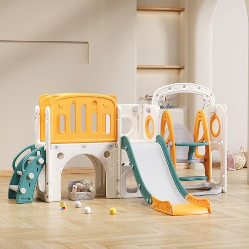 BTM 7 en 1 Toboggan pour Enfants, Balançoire pour Bébé avec Plate-Forme, Meuble Bas, Jeu de perçage,Panier de Basket et escalier, Toboggan Balancoire Exterieur ou Intérieur Enfant, Vert + Orange