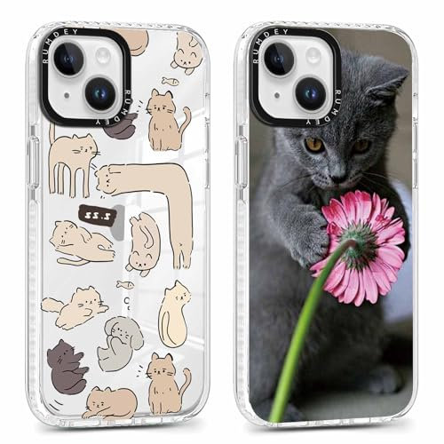Foonary 2 Pack Clear Print Phone Case for iPhone 14/iPhone 13 6.1,Slim Soft Silicone with Cute Cat Design Aesthetics Transparent Pattern Cases,Shockproof Bumper Protector Cover for iPhone 14