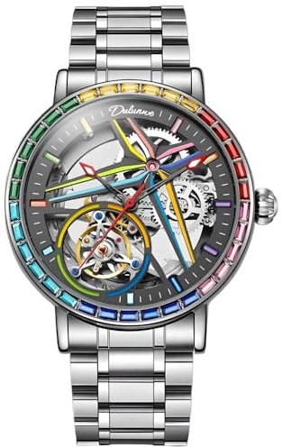 DAXIAOYU Einzigartiges Design, vollautomatische mechanische Herrenuhr, farbige Edelsteine, Einfassung, Skelett-hohles Schwungrad-Armbanduhr, wasserdicht, leuchtend, Edelstahl, trendige Uhren,
