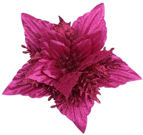 YYCRAFT Lot de 12 fleurs de poinsettia artificielles métalliques à paillettes de 17,8 cm pour décoration de sapin de Noël, décoration de Noël (rose vif)