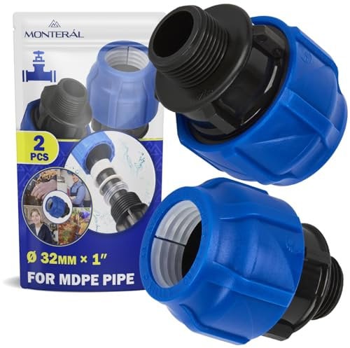 2 Piezas Racor Manguito Ø 32 mm x 1″ con Rosca Macho de Polipropileno PP para Conectar Tubo Polietileno PE - MONTERAL