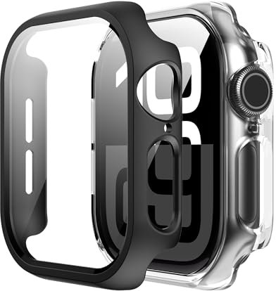 Rojeuinn Cover 2 custodie per Apple Watch Series 10 46mm custodia protettiva con protezione per lo schermo,protettiva rigida per PC360°tutto tondo antigraffio antipolvere ultrasottile-Trasparente+Nero