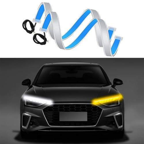 Car LED Strip Lights,24-inch LED Daytime Running Light Strip, Car,SUV,Motorcycle Waterproof Daytime Running Light Turn Signal DRL Sequence switch lED Strip White/Yellow (2Pcs)