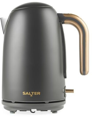 Hervidor Salter Pebble – 1.7 L, hervido rápido, filtro extraíble, indicador de nivel de agua, base giratoria 360°, ventana de visualización, protección contra herv seco, 3 kW, gris/dorado, EK6085CBVDE