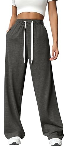 PINSPARK Jogginghose Damen Sporthose Lang Baggy Traininghose High Waist Freizeithose Lockere Sweatpants mit Elastischem Bund Weites Gerades Bein Yoga Gym Hose Laufhosen Dunkelgrau XL
