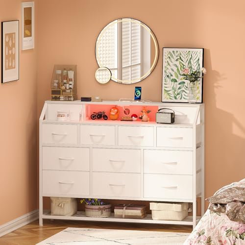 Welfuturer Dresser for Bedroom with 12 Drawers White Dressers with Charging Station and LED Light 50 inch TV Stand Chest of Drawers with Shoe Rack and Open Shelf for Living Room Entryway Halfway