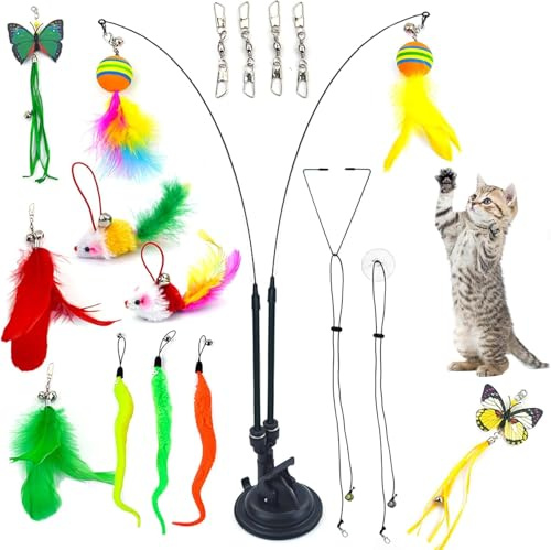 20PCS Feather Teaser Cat Toy Set with 1 Suction Cup & 2 Wands, Including 3 Caterpillar Toys for Interactive Indoor Play and Exercise